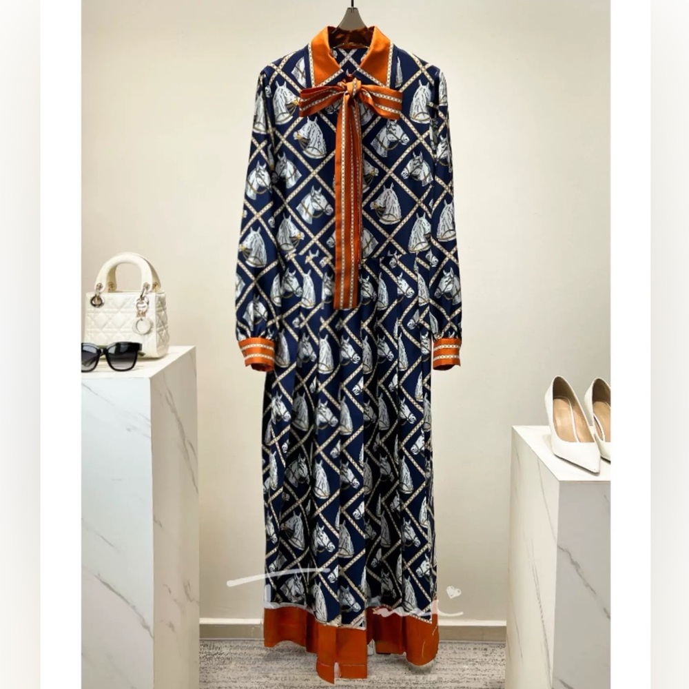 Designer-Style Equestrian-patterned Maxi Dress
